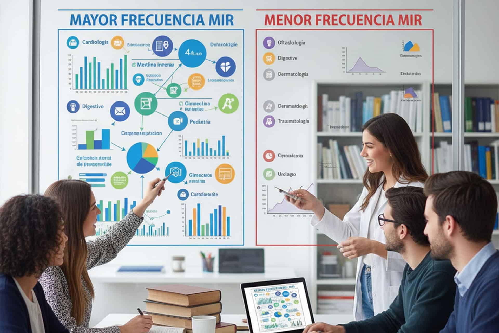Estudiantes de medicina repasando en un esquema las asignaturas más preguntadas en el examen MIR