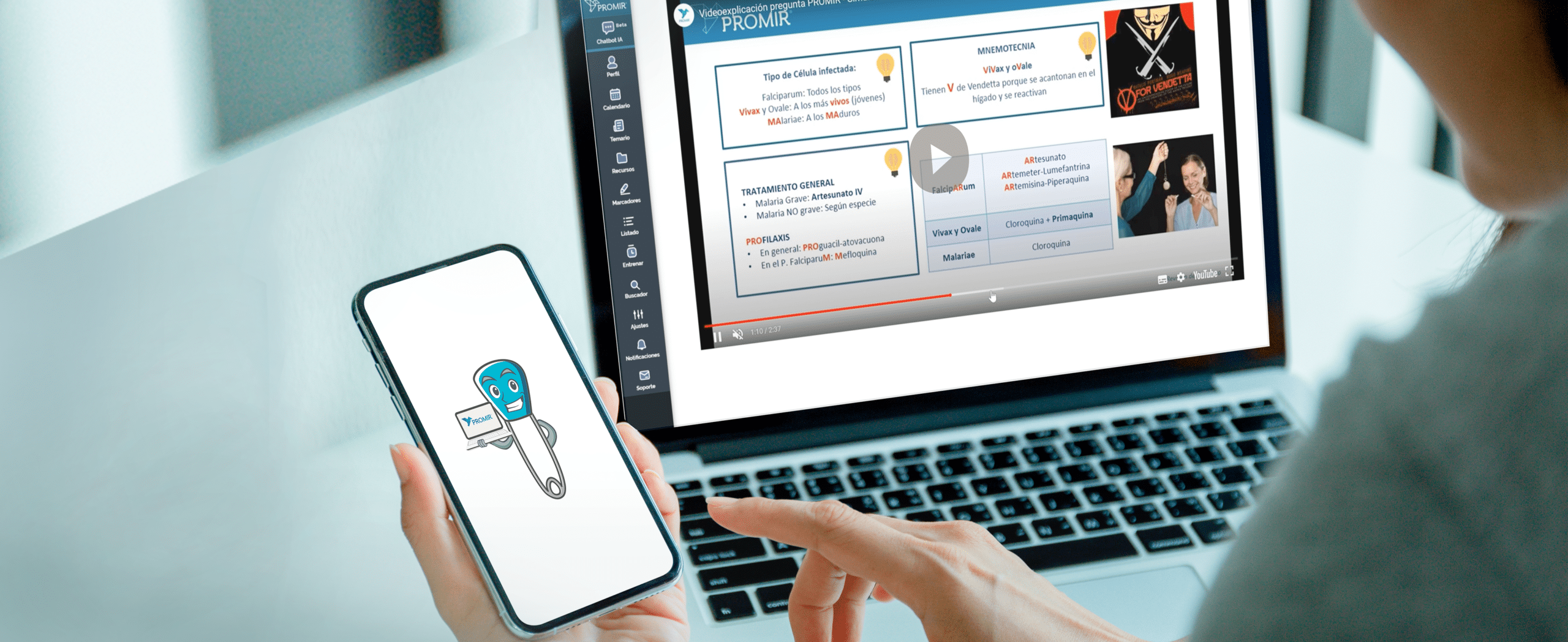 Pantalla de la plataforma PROMIR con herramientas para preparar el MIR como temario, preguntas, simulacros, calendario adaptativo, chatbot MIRI y audiotemario